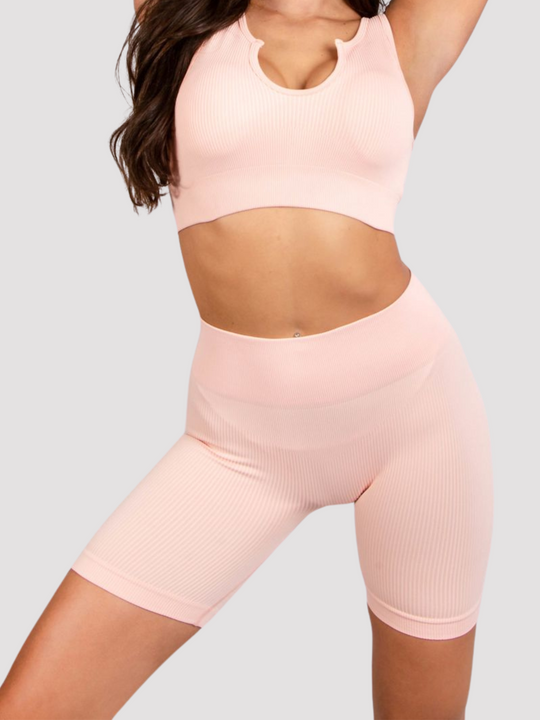 Blush Pink Ribbed Active Wear Crop Top and Cycling Shorts Set