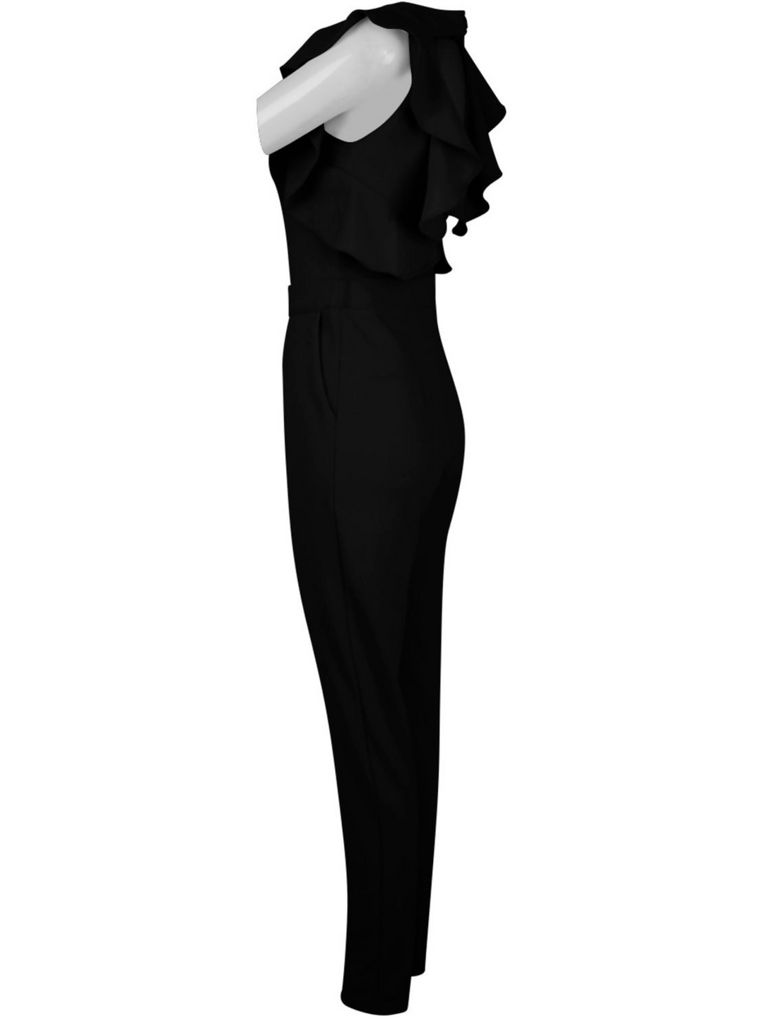 Ghost manequin wears sleeveless black jumpsuit with pleated frill sides and  open back. The jumpsuit has a concealed zip back fastening. The ghost  manequin stands to the sides. The frilled sides can be seen, as well as the tailored cut. 