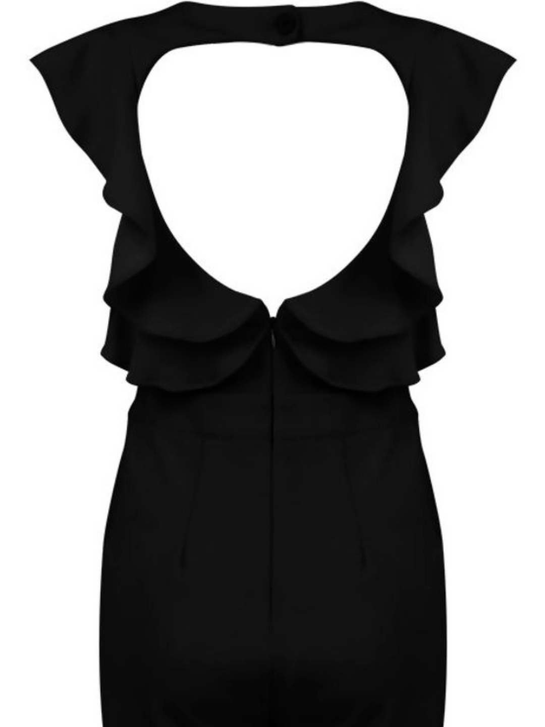 Closeup of a ghost manequin wearing sleeveless black jumpsuit with pleated frill sides and  open back. The jumpsuit has a concealed zip back fastening. The back of the jumpsuit is visible, the open back is evident, including the concealed zip.