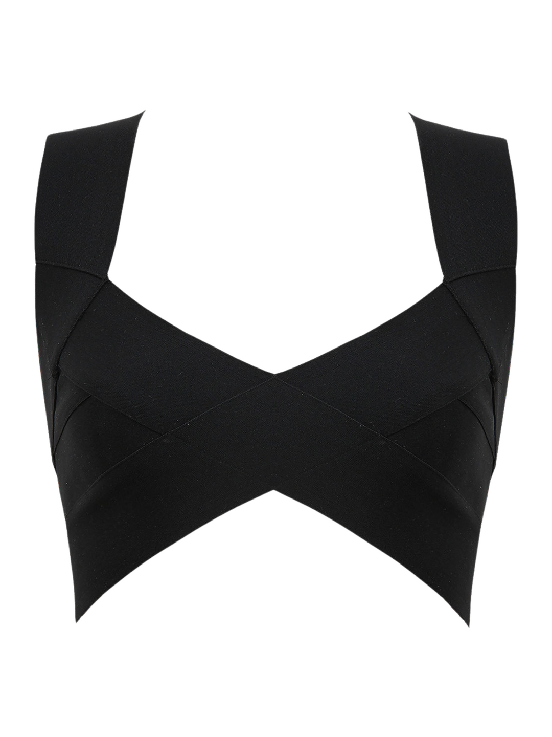 Ghost manequin wears a black ribbed bandage crop top. The bandage crop top has a  stretch fit, criss sross plunging front, thick straps and a zip back fastening. The front of the top can be soon. 