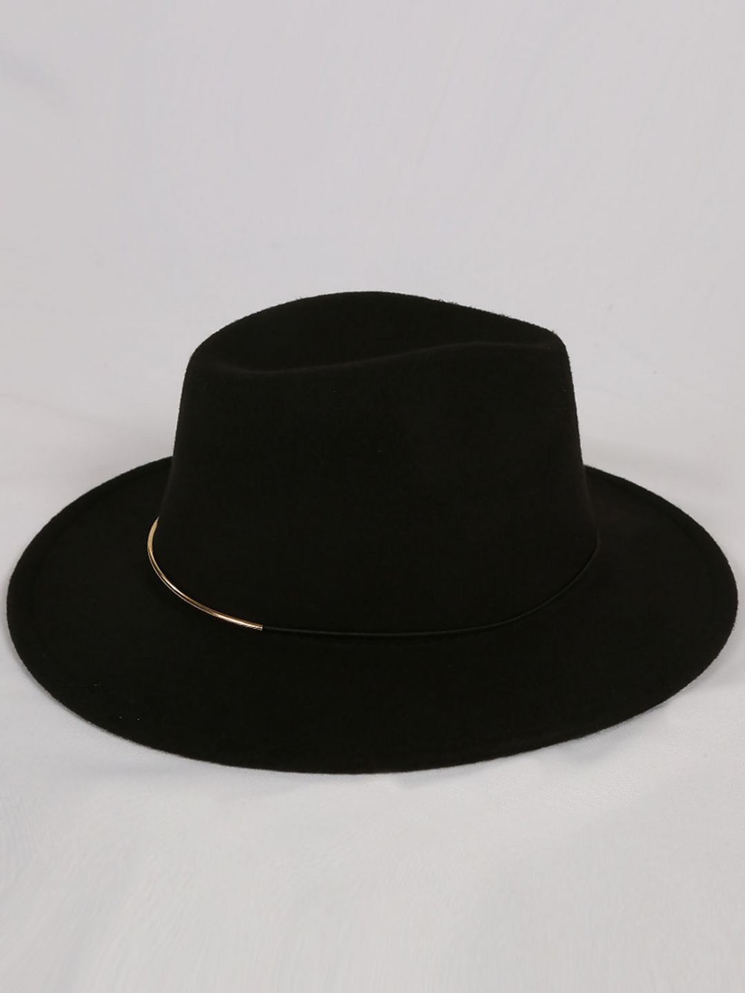 Black felt fedora hat with gold metal trim belt. The gold metal bar trim is visible as well as the beautiful luxe design.