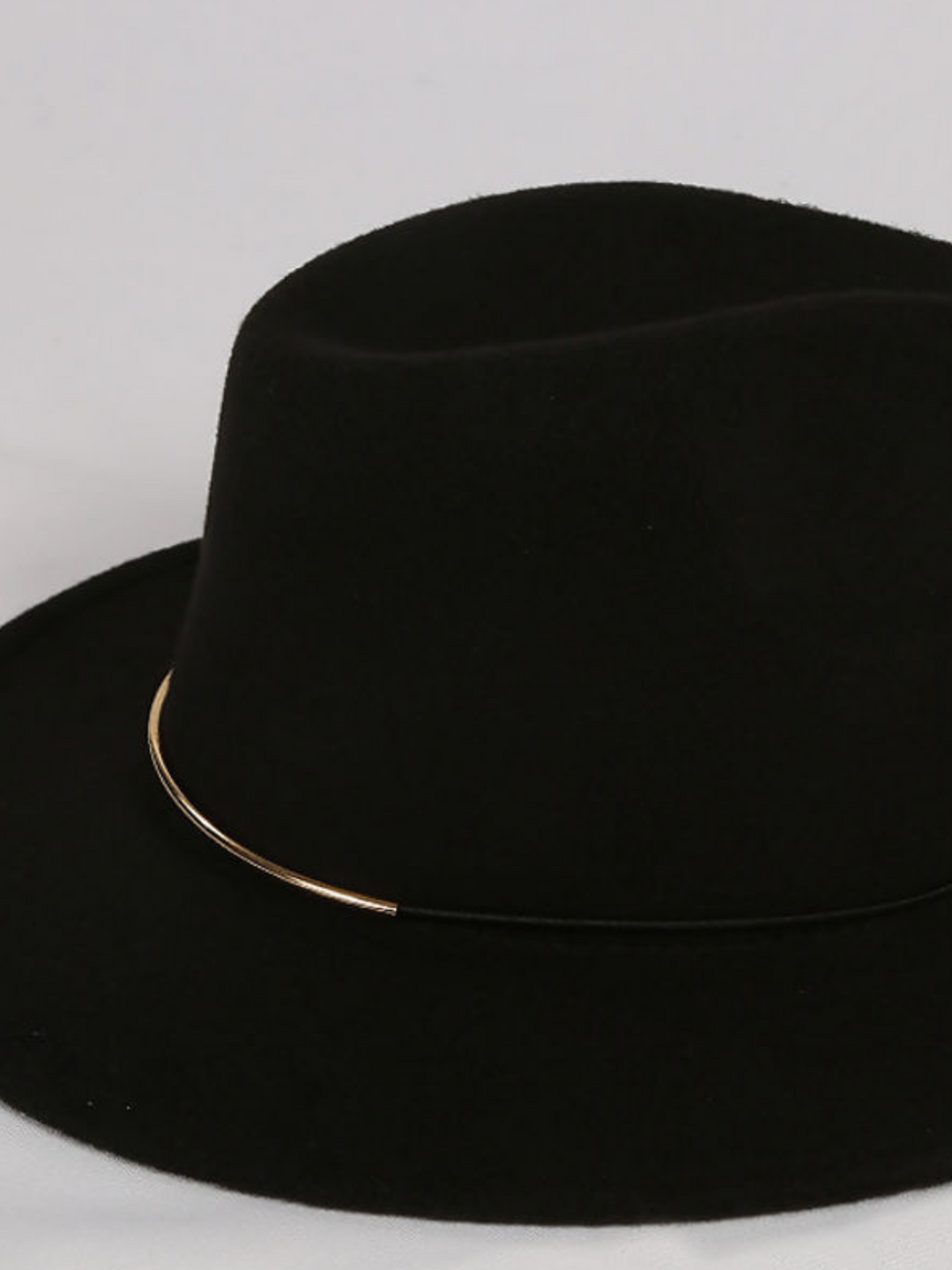 Close up of gold metal bar trim of the black fedora hat. 