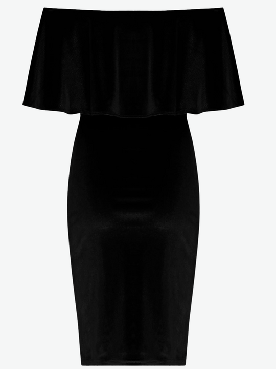 Ghost manequin wears a black faux suede midi dress, with frill off the shoulders bardot syle. The front of the dress can be seen.