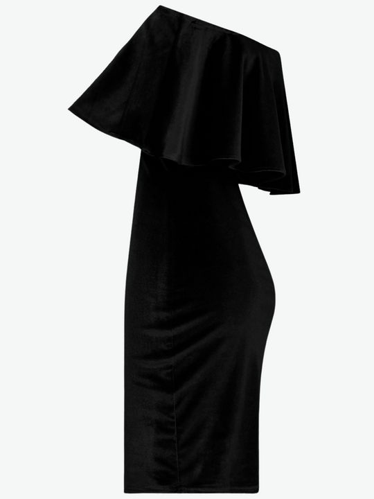 Ghost manequin wears a black faux suede midi  dress, with frill off the shoulders bardot syle. The side of the dress can be seen, this demonstrates the frill bardot top and the lengthy midi dress. 