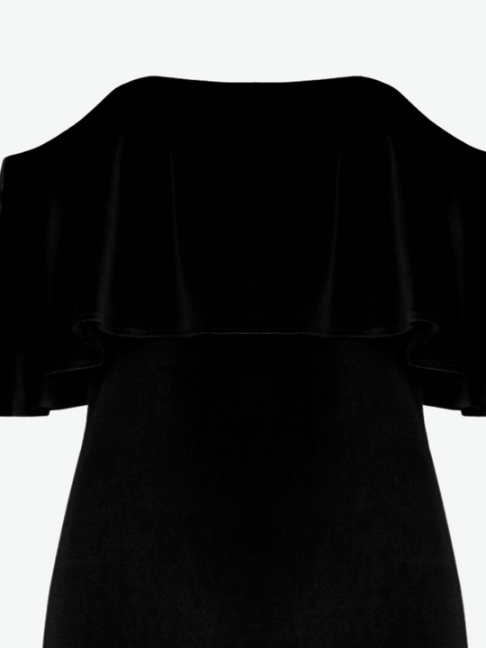 Close up of ghost manequin who  wears a black faux suede midi dress, with frill off the shoulders bardot syle.