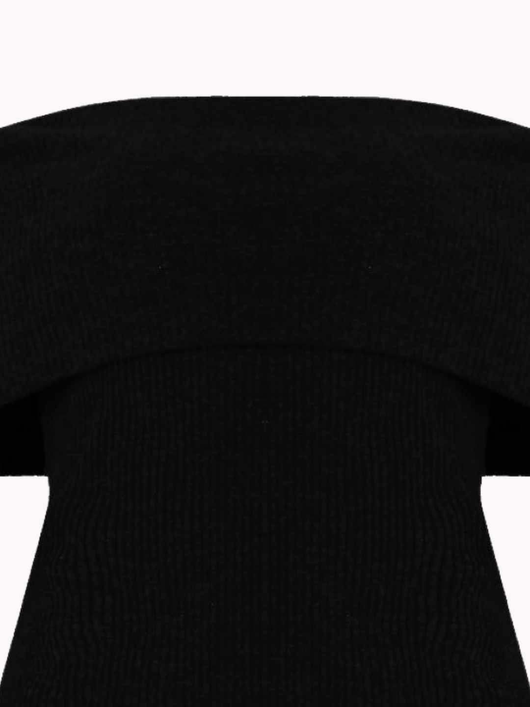 Close up. Ghost manequin wears a black ribbed bardot top with long sleeves.  The close up demonstrates the ribbed design of the top. 