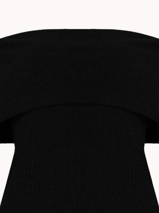 Close up. Ghost manequin wears a black ribbed bardot top with long sleeves.  The close up demonstrates the ribbed design of the top. 