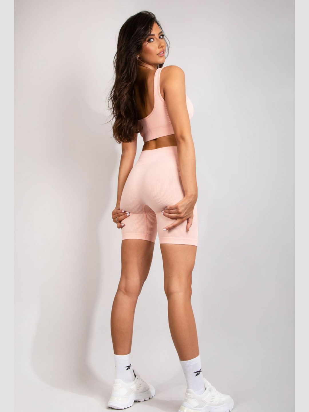 Blush Pink Ribbed Active Wear Crop Top and Cycling Shorts Set