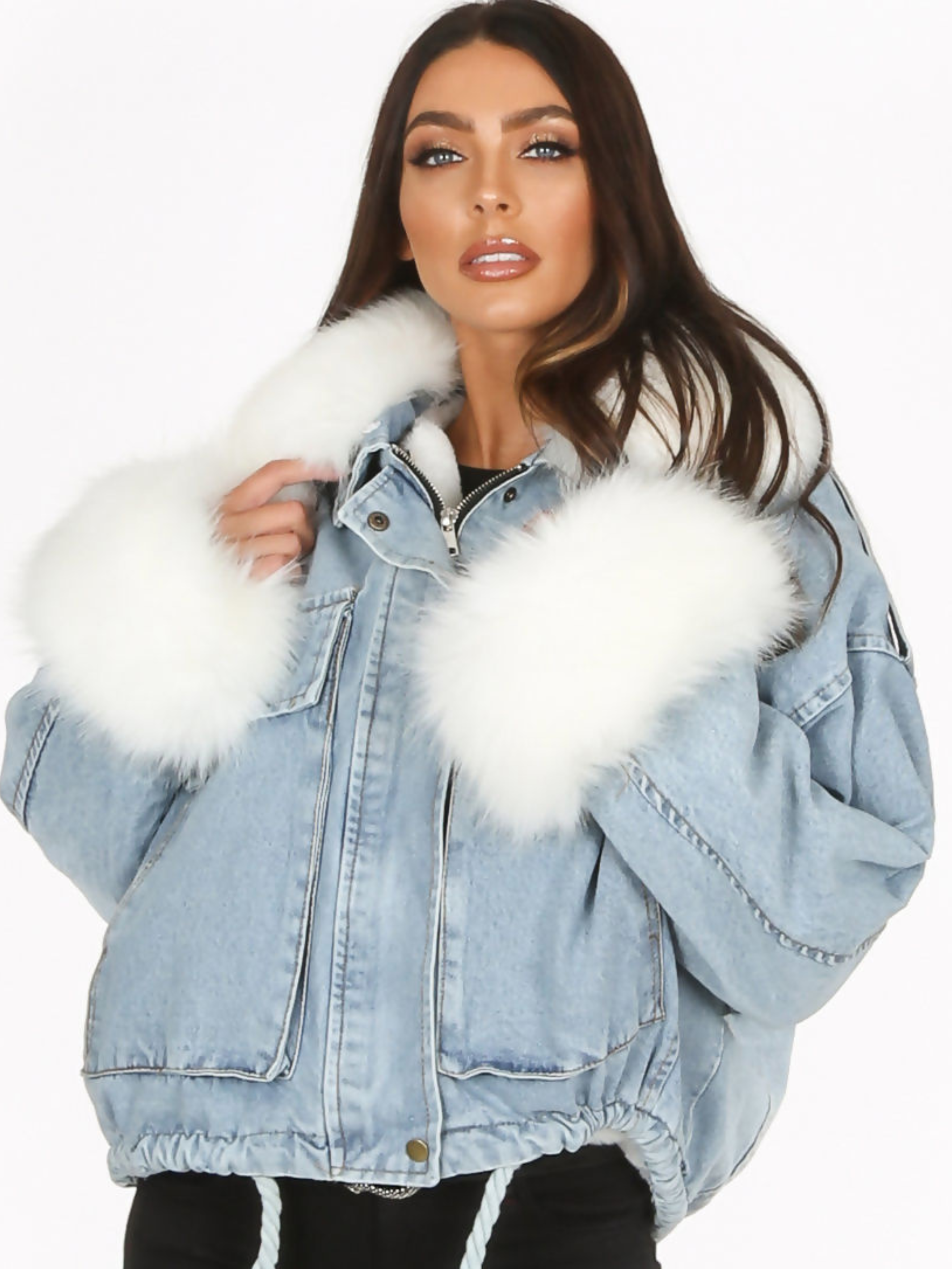 Black With White Fur Oversized Faux Fur Lined Denim Jacket –  FavouriteFashions.ie