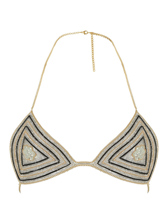 Ghost manequin wears gold, silver and black diamante bralette with gold chain halter neck chain hook fastening. The diamante bralette has triangle shaped cups, that has silver and gold jeweled design at the centre. 