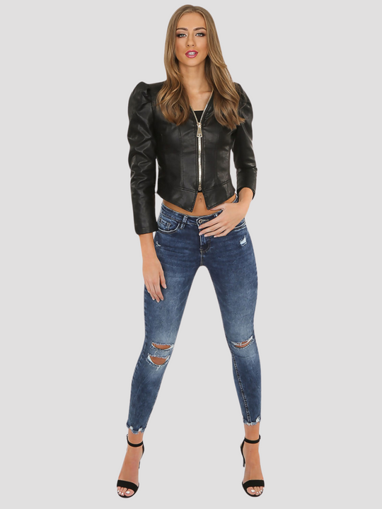 Black Leather Look Cropped Jacket With Front Chunky Zip Fastening and Puffed Shoulder Detailing