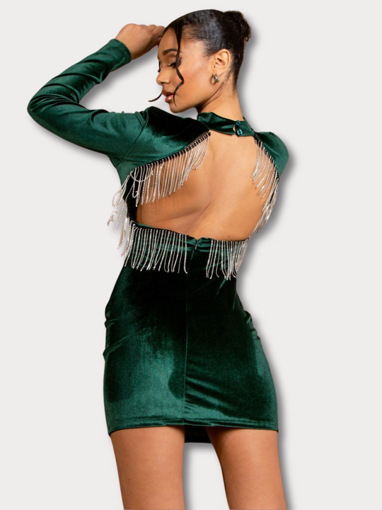 Model wears green velvet mini dress with long sleeves, mock neck line and open back. The open back has  diamante tassels. Model stands with her back to the camera to the camera and her hands above her head. 