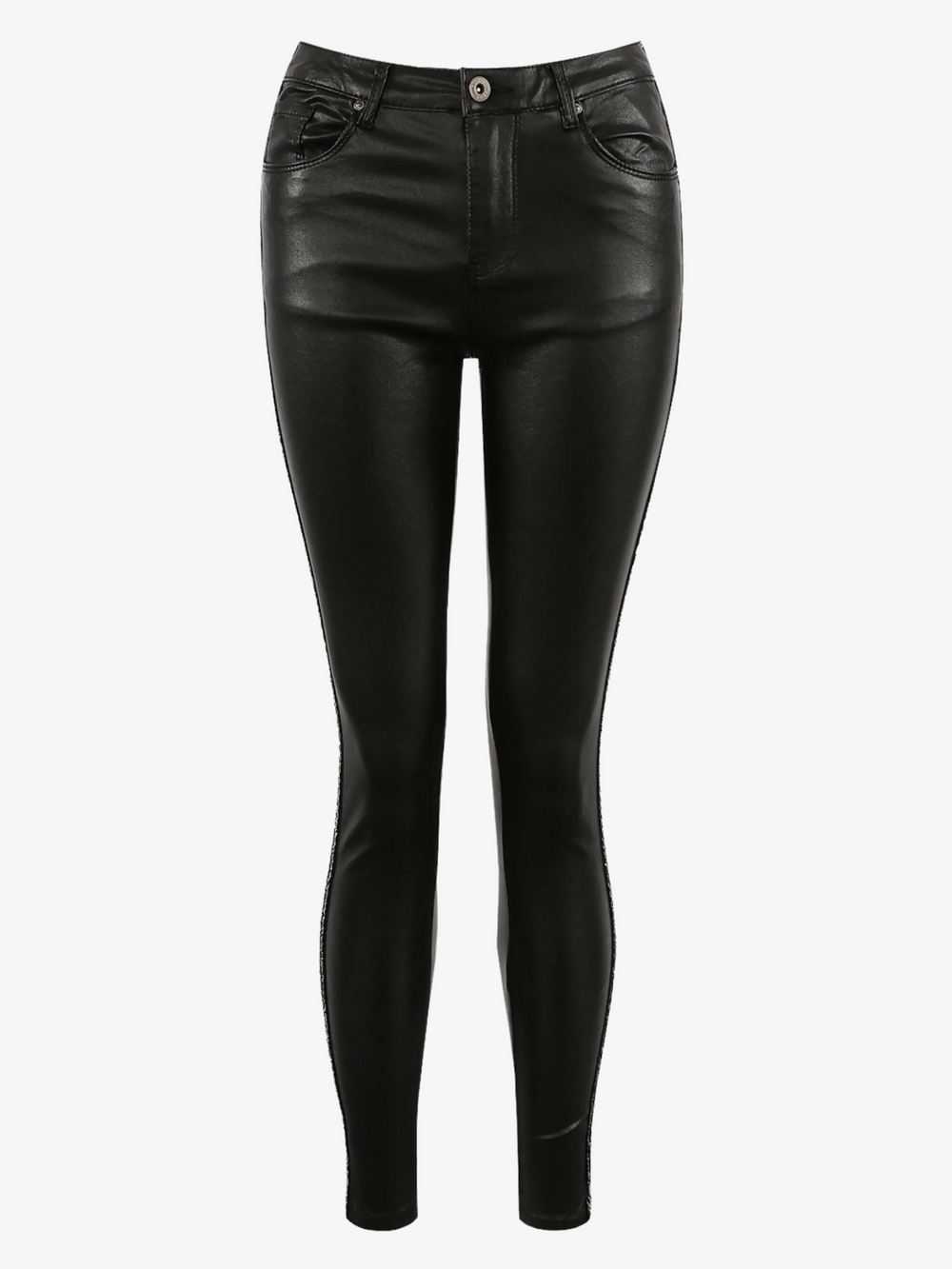 Ghost manequin wears matte faux leather skinny  jeans, with a metallic sequin strip down the sides. The low rise jeggings has front and back pockets.  The front of the low rise matte faux leather jeggings can be seen.