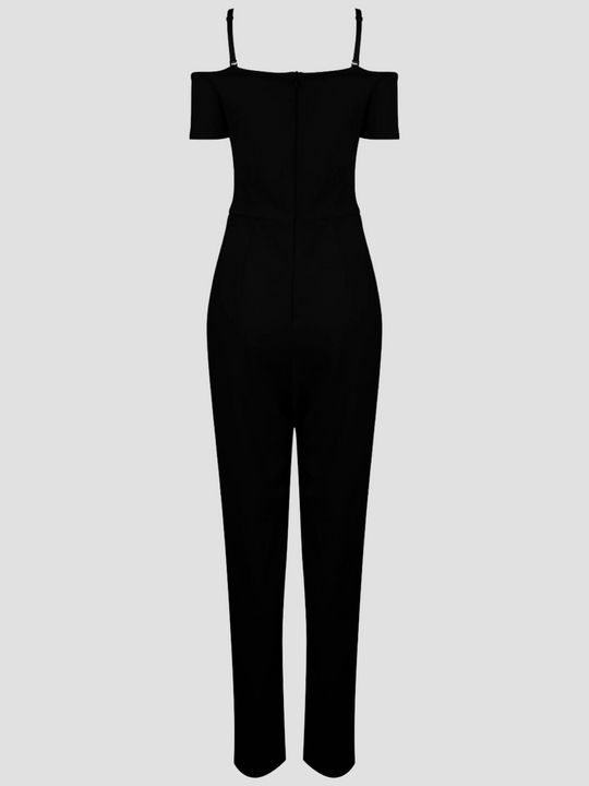 Ghost manequin wears bardot style neckline and adjustable straps. The jumpsuit has a tailored fit  with zip back fastening.  The ghost manequin has its back to the camera, the back of the jumsuit that shows the concealed zip is visible. 