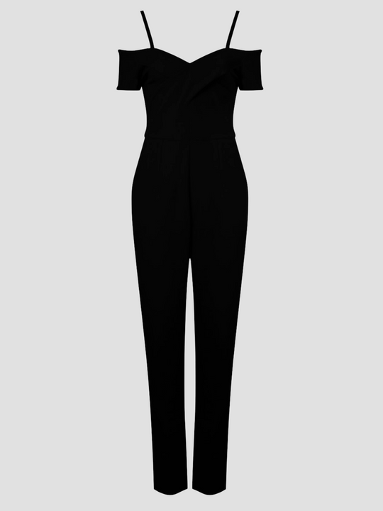 Ghost manequin wears bardot style neckline and adjustable straps. The jumpsuit has a tailored fit  with zip back fastening. The ghost manequin faces forward and the front of the jumpsuit can be seen. 