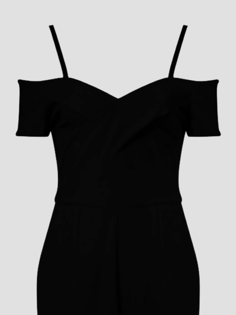 A closeup of a ghost manequin wearing a bardot style neckline and adjustable straps. The jumpsuit has a tailored fit  with zip back fastening.  The closeup demonstrates the bardot style cut. 
