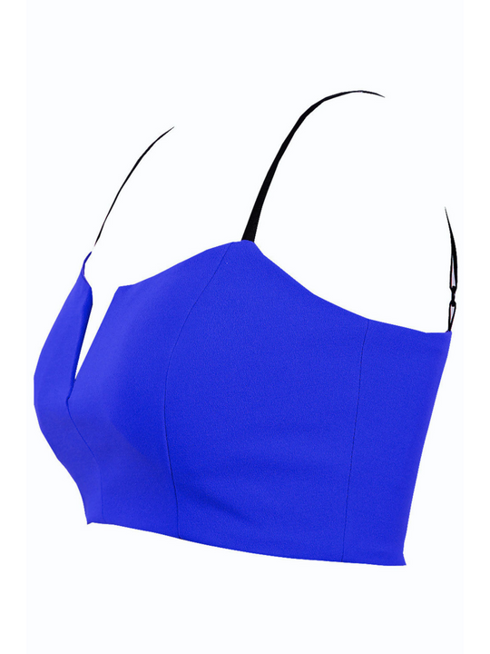 Ghost manequin wears a v cut royal blue bralette, with black spaghetti straps and zip back fastening. The side of the bralette can be seen. 