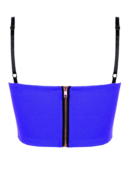 Ghost manequin wears a v cut royal blue bralette, with black spaghetti straps and zip back fastening.  The back of the bralette can be seen, demonstrating the exposed zip back fastening.