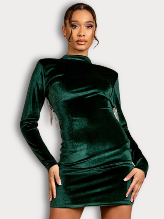 Model wears green velvet mini dress with long sleeves, mock neck line and open back. The open back has diamante tassels. Model faces the front with her legs spread apart and her hands by her sides.