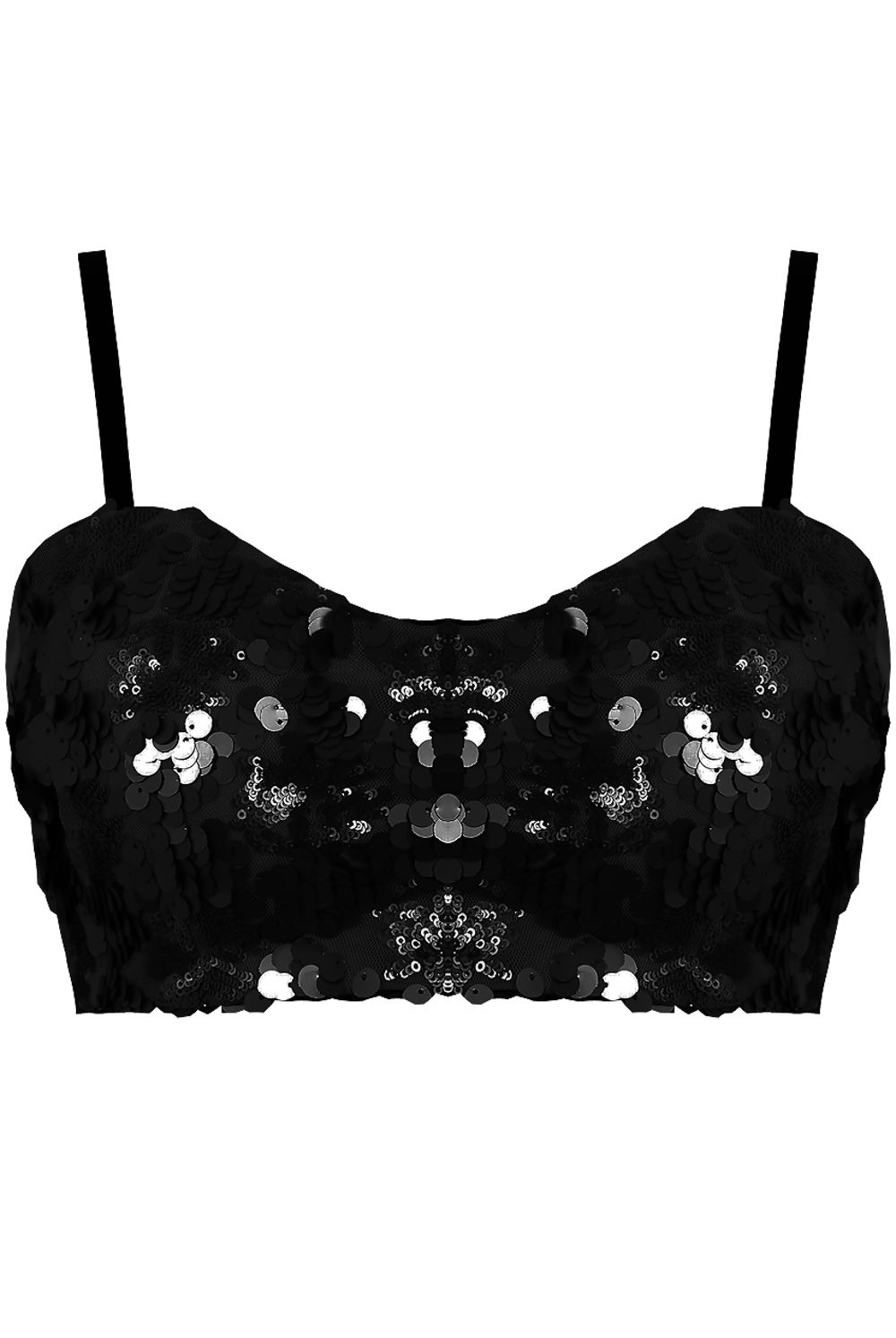 Ghost manequin wears a black sequinned bralette with a sweat heart bust. The bralette has black straps and a back chunky zip fastening.