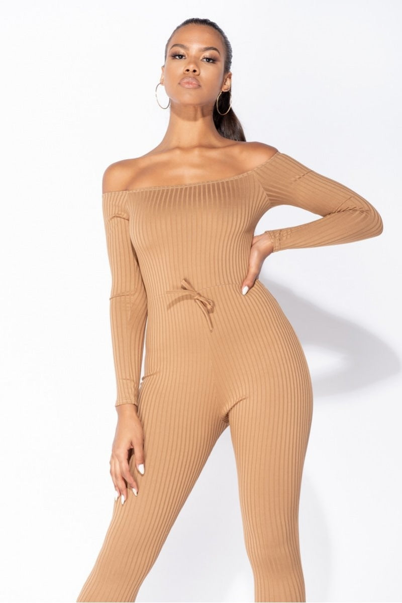 Brown Long sleeve ribbed bodycon jumpsuit